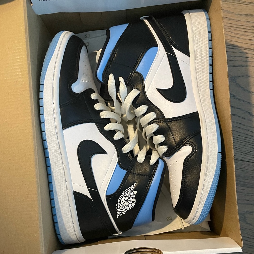Air Jordan 1 Mid- White, Black & University Blue